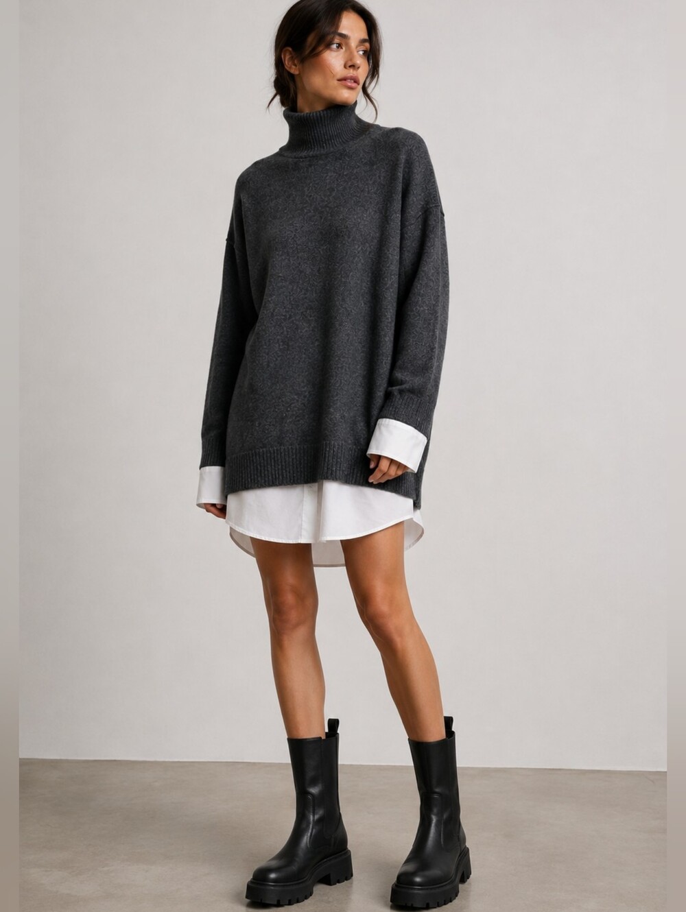 ZARA Layered Oversized Knit Sweater Gray White Shirt Detail NWT S-M